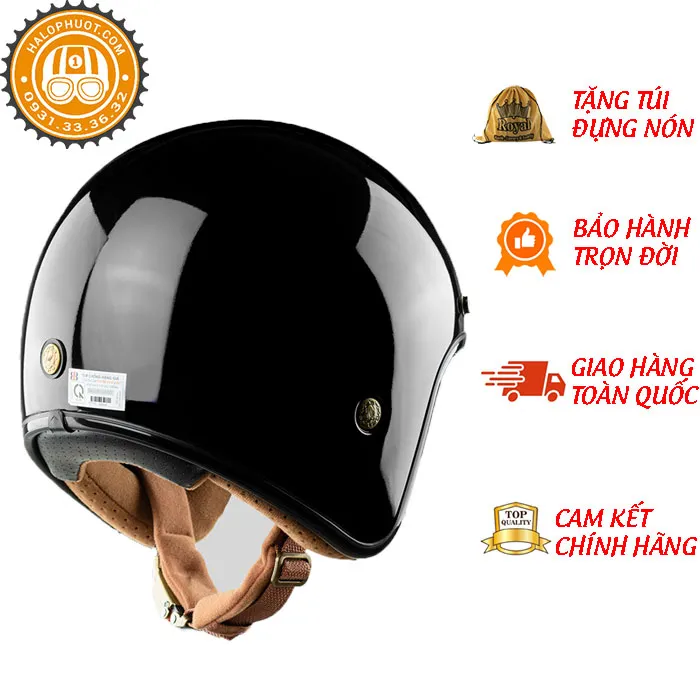 Mũ bảo hiểm 3/4 Bulldog Perro 4U Đen Bóng (Tặng khóa số)