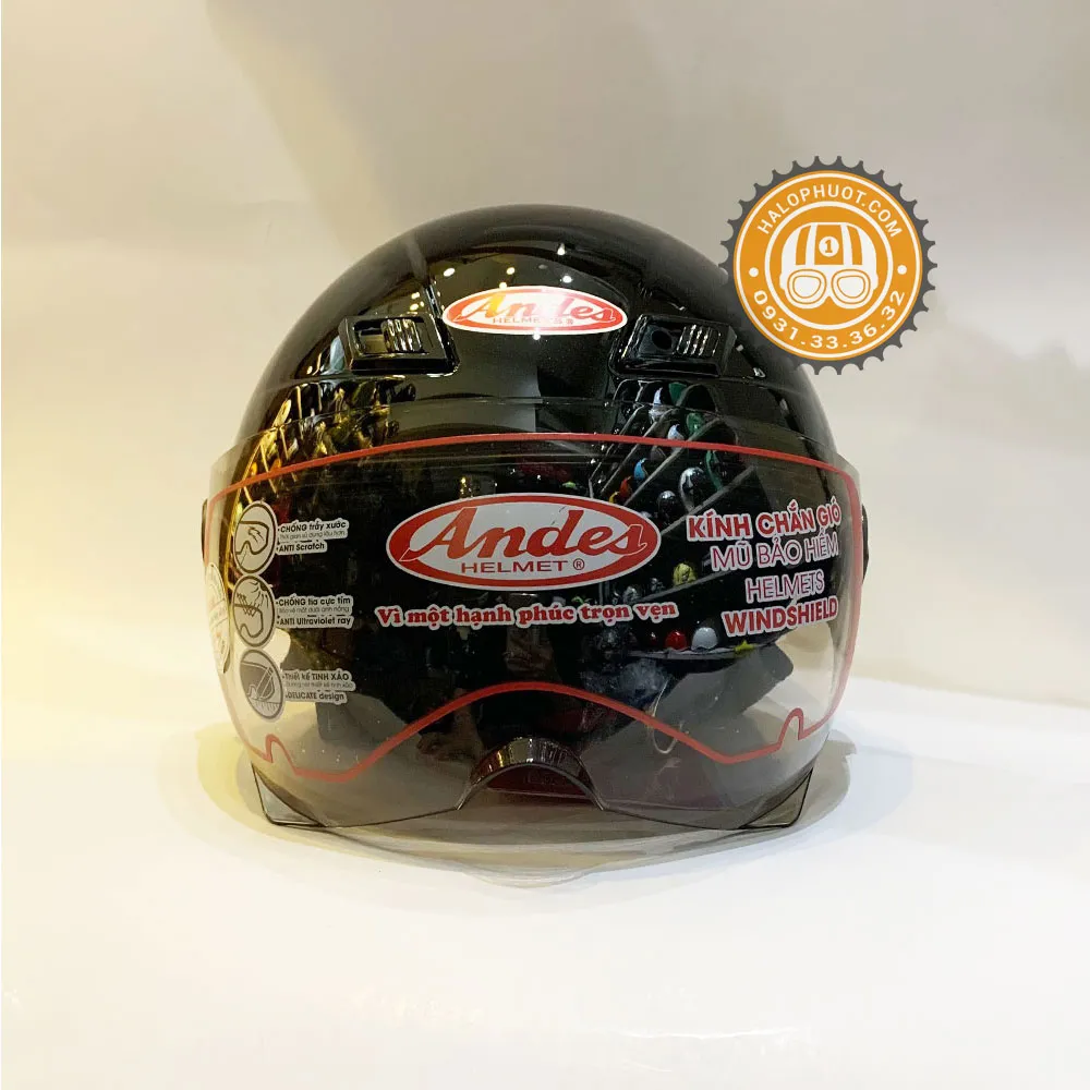 Nón bảo hiểm Andes 3S 109K Đen Bóng (nửa đầu có kính)