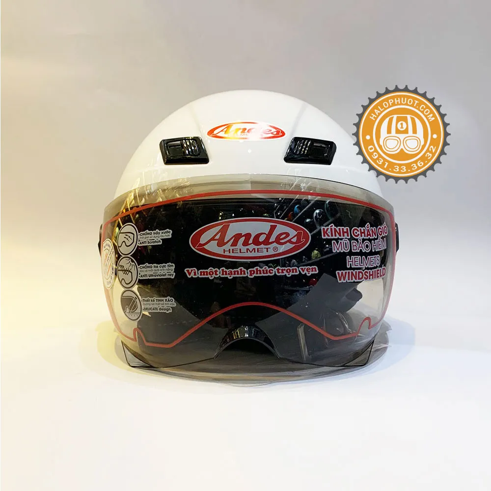 Nón bảo hiểm Andes 3S 109K Trắng (nửa đầu có kính)