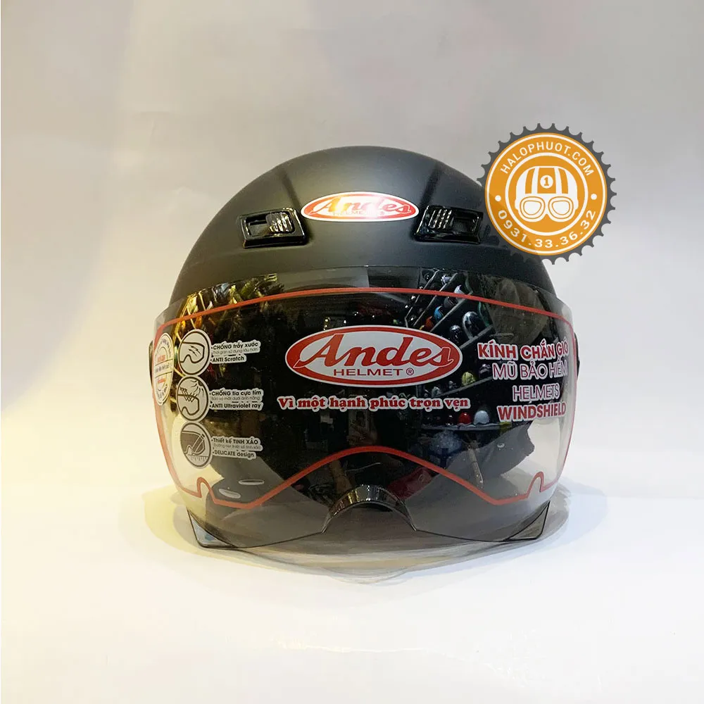 Nón bảo hiểm Andes 3S 109K Đen Nhám (nửa đầu có kính)
