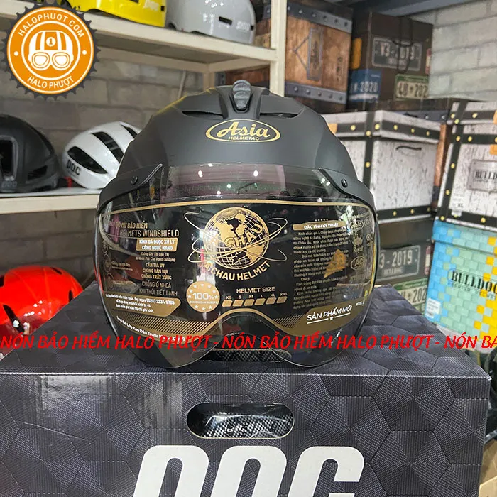 Nón bảo hiểm nửa đầu Asia 117K có kính  Đen nhám