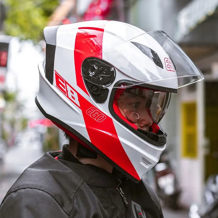 Mũ bảo hiểm Fullface liền hàm EGO E8 SV Plus V1 Trắng Bóng Tem Đỏ