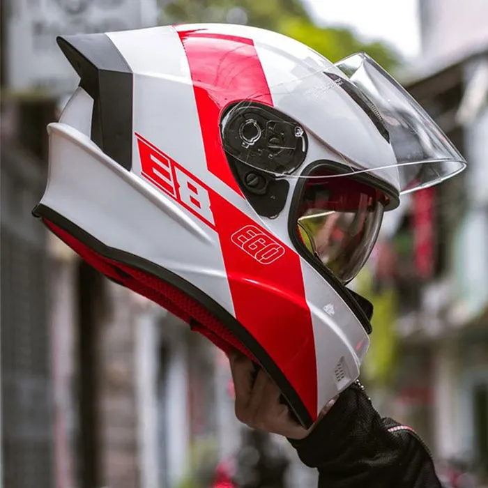 Mũ bảo hiểm Fullface liền hàm EGO E8 SV Plus V1 Trắng Bóng Tem Đỏ