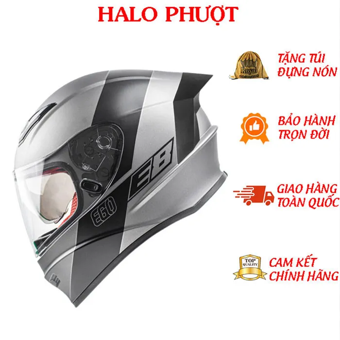 Mũ bảo hiểm Fullface liền hàm EGO E8 SV Plus V1 Bạc Tem Đen 