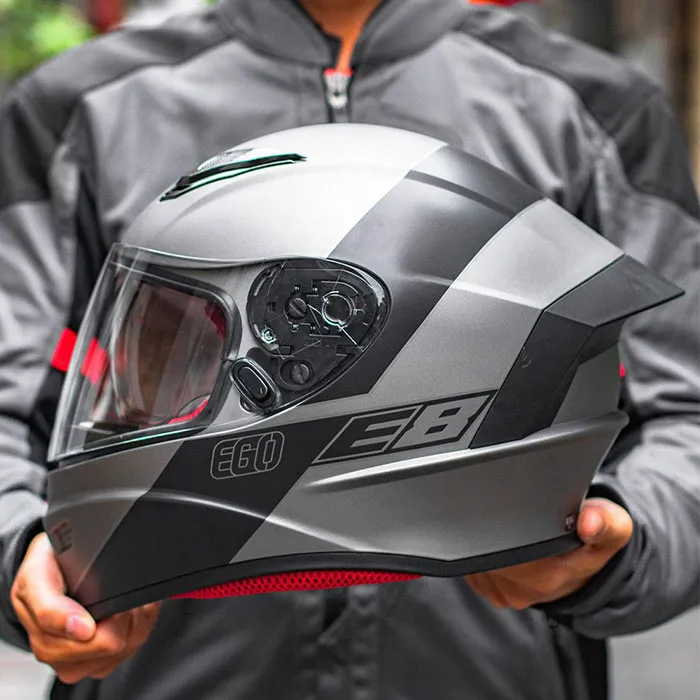 Mũ bảo hiểm Fullface liền hàm EGO E8 SV Plus V1 Bạc Tem Đen 