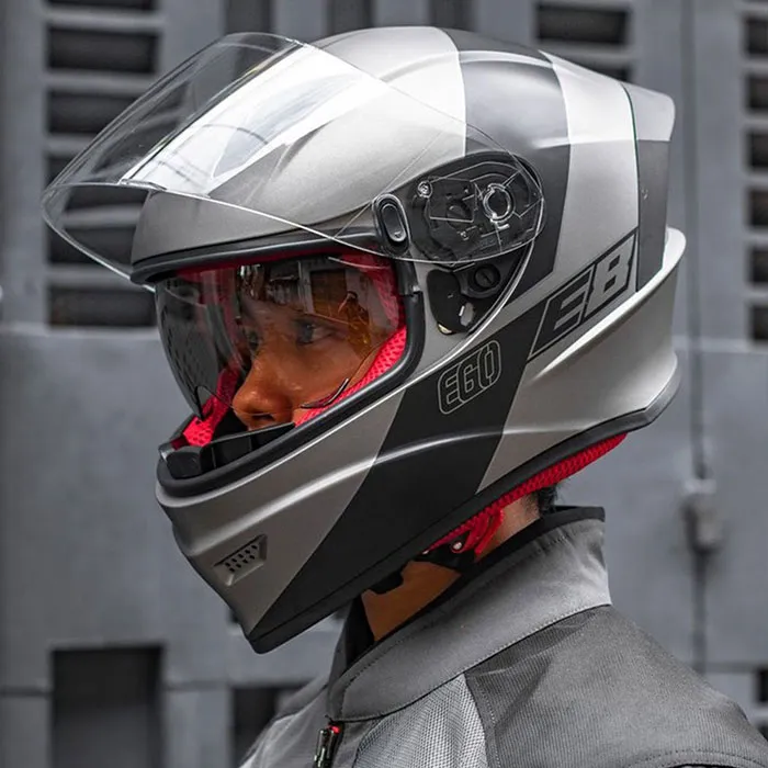 Mũ bảo hiểm Fullface liền hàm EGO E8 SV Plus V1 Bạc Tem Đen 