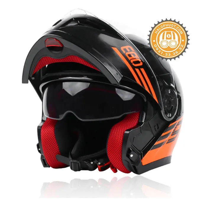 Mũ bảo hiểm Fullface lật hàm EGO E9 V2 Đen Cam 
