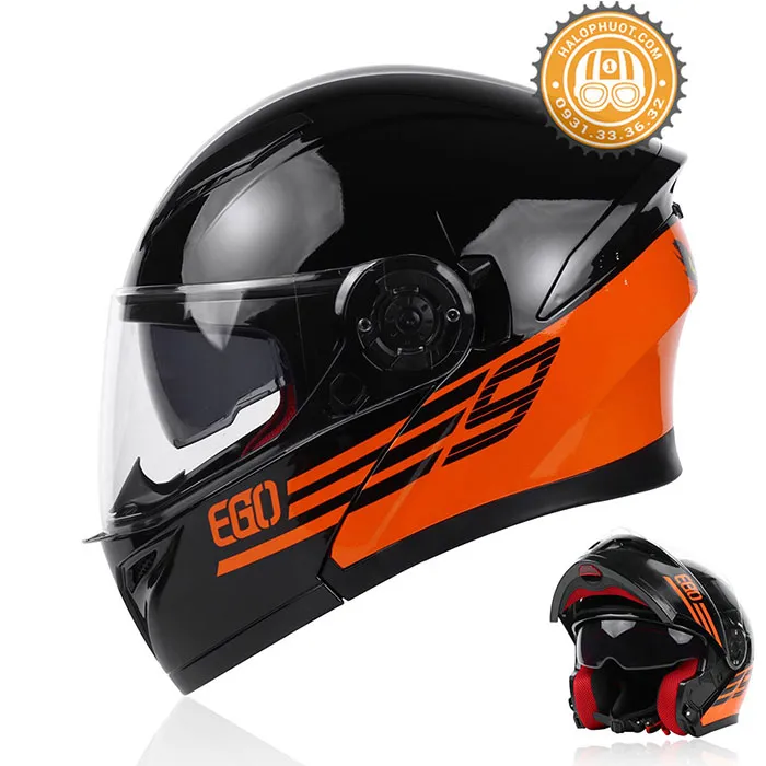 Mũ bảo hiểm Fullface lật hàm EGO E9 V2 Đen Cam 