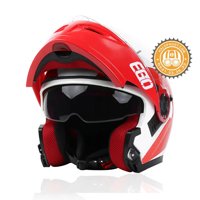 Mũ bảo hiểm Fullface lật hàm EGO E9 V1 Trắng Bóng Đỏ 