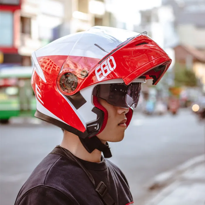 Mũ bảo hiểm Fullface lật hàm EGO E9 V1 Trắng Bóng Đỏ 