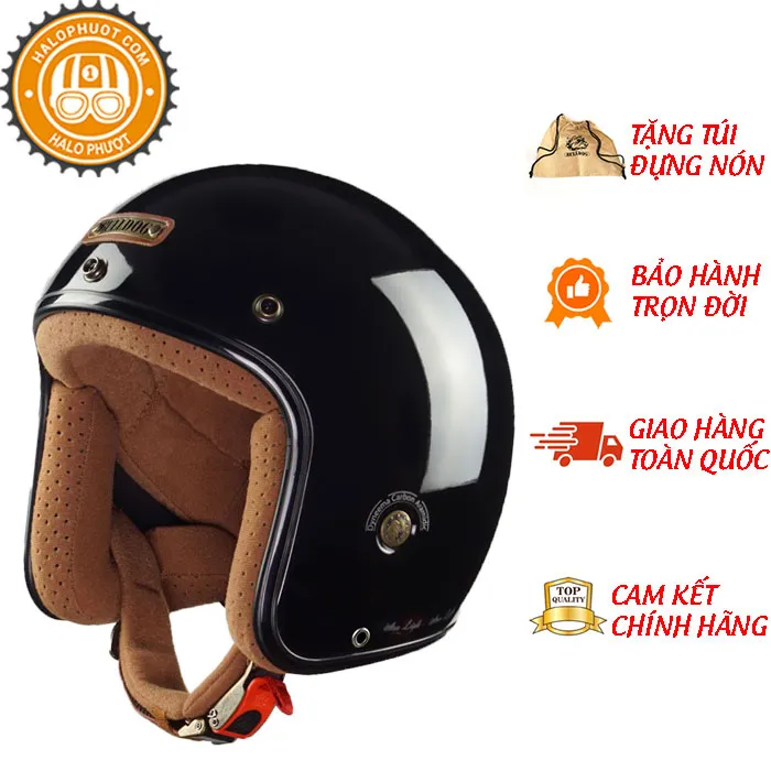 Mũ bảo hiểm 3/4 Bulldog Heli Fiberglass Solid Đen Bóng (Tặng khóa số)
