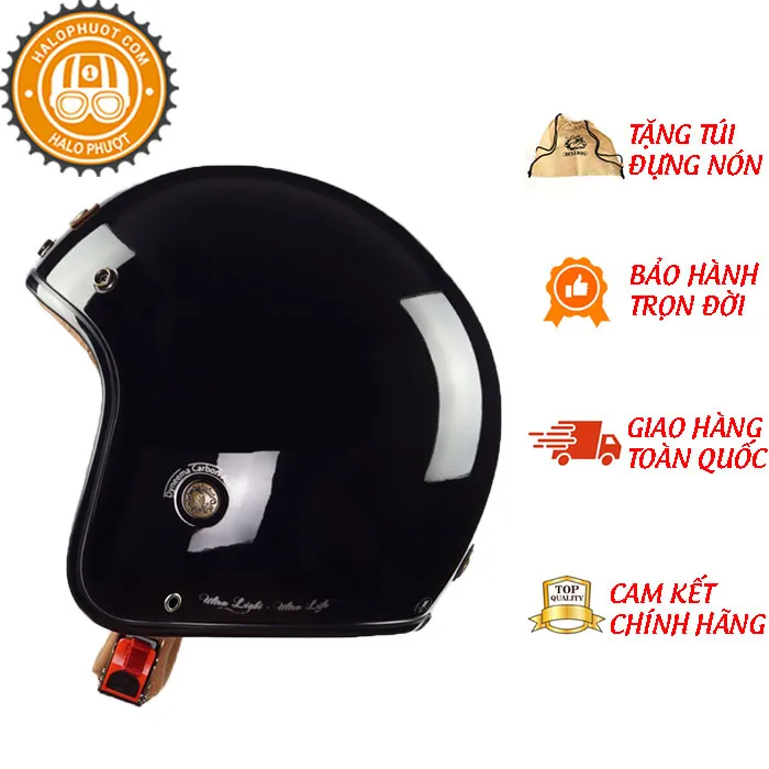 Mũ bảo hiểm 3/4 Bulldog Heli Fiberglass Solid Đen Bóng (Tặng khóa số)