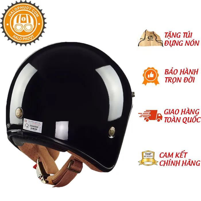 Mũ bảo hiểm 3/4 Bulldog Heli Fiberglass Solid Đen Bóng (Tặng khóa số)