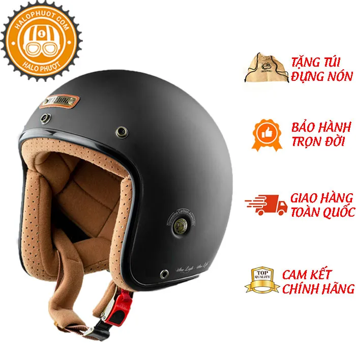 Mũ bảo hiểm 3/4 Bulldog Heli Fiberglass Solid Đen Nhám (Tặng khóa số)