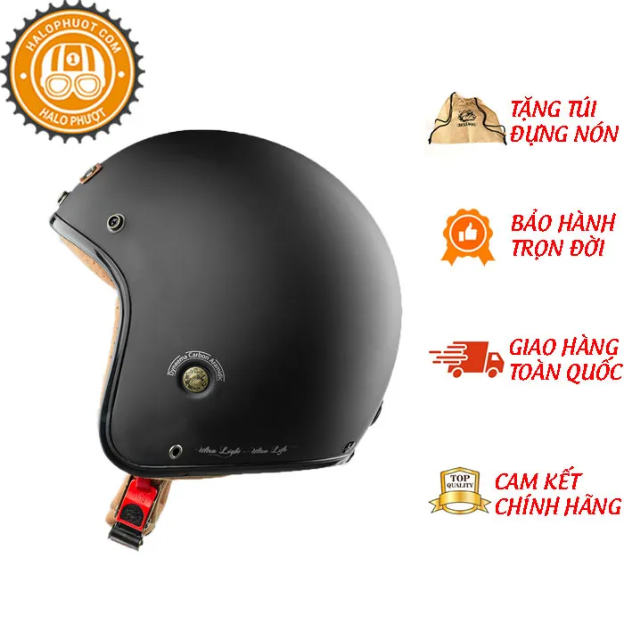 Mũ bảo hiểm 3/4 Bulldog Heli Fiberglass Solid Đen Nhám (Tặng khóa số)