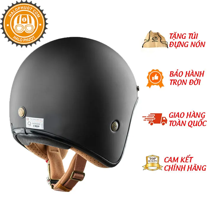 Mũ bảo hiểm 3/4 Bulldog Heli Fiberglass Solid Đen Nhám (Tặng khóa số)