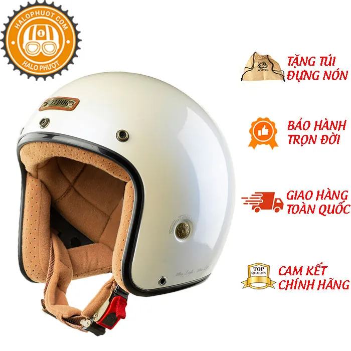 Mũ bảo hiểm 3/4 Bulldog Heli Fiberglass Solid Trắng (Tặng khóa số)