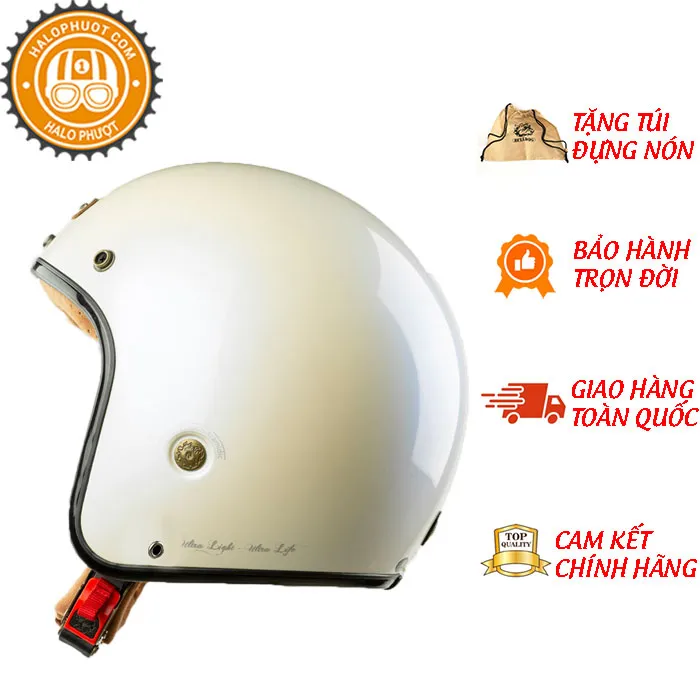 Mũ bảo hiểm 3/4 Bulldog Heli Fiberglass Solid Trắng (Tặng khóa số)
