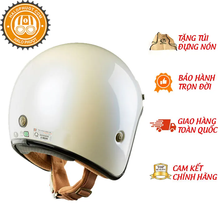 Mũ bảo hiểm 3/4 Bulldog Heli Fiberglass Solid Trắng (Tặng khóa số)