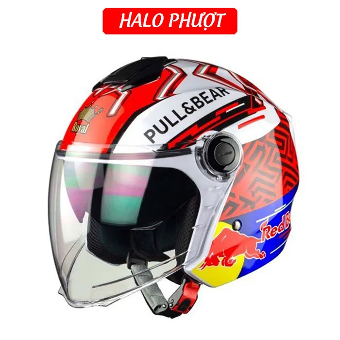Nón bảo hiểm 3/4 2 kính Royal M668 - Tem Red Bull