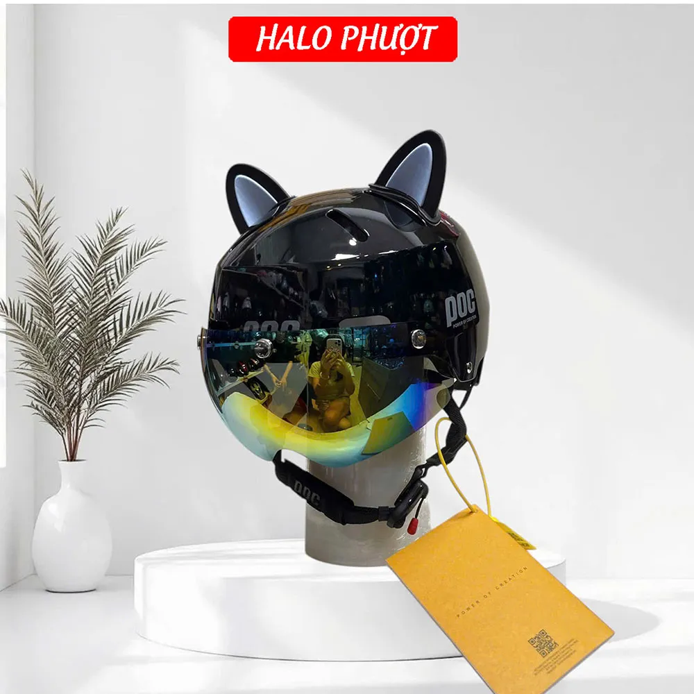 Mũ Bảo Hiểm POC P05 Độ Kính Hít Nam Châm Chuẩn Xe Máy Màu Đen Bóng