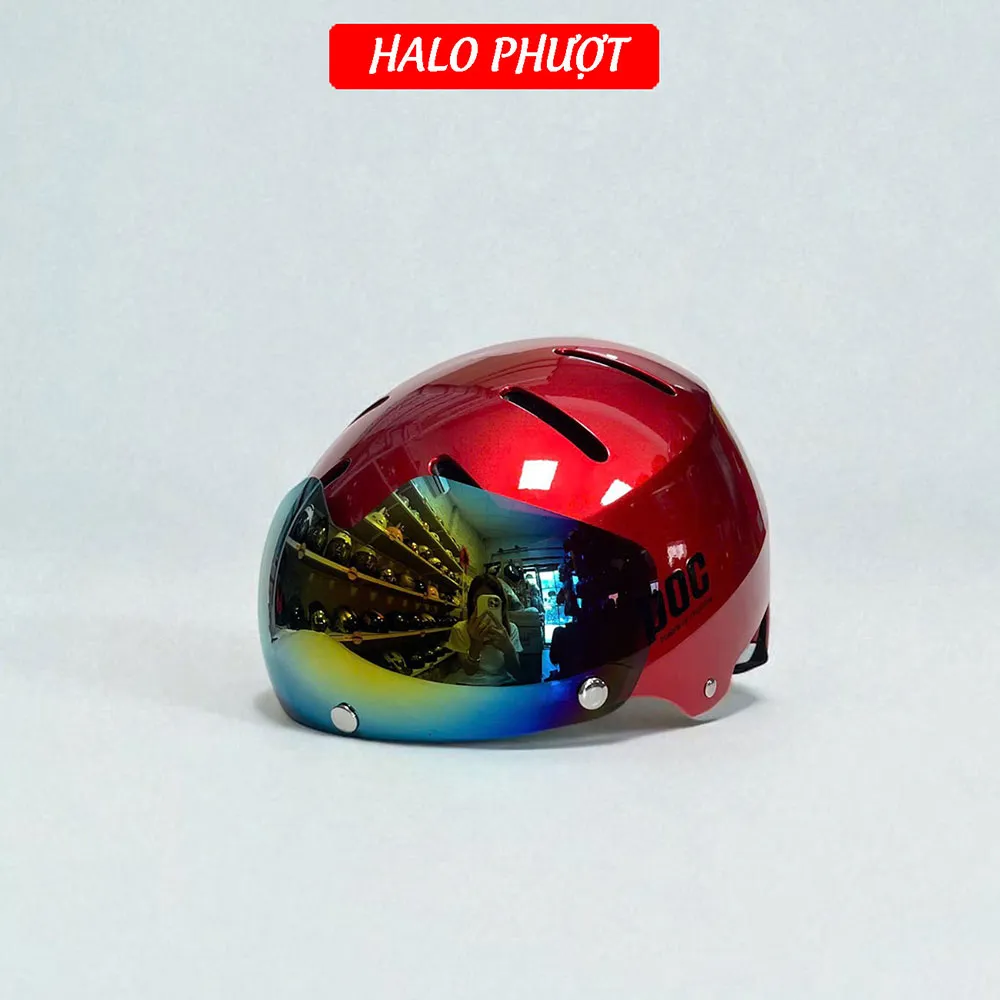 Mũ Bảo Hiểm POC P05 Độ Kính Hít Nam Châm Chuẩn Xe Máy Màu Đỏ Kẹo