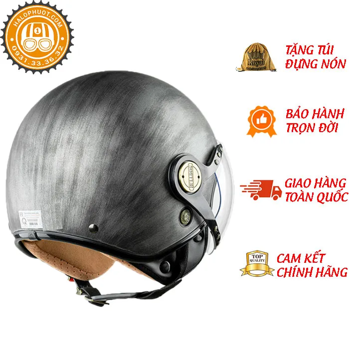 Mũ bảo hiểm 3/4 Bulldog POM Xước Bạc (Tặng khóa số)