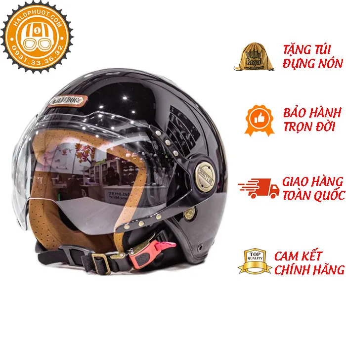 Mũ bảo hiểm 3/4 Bulldog POM Đen Bóng (Tặng khóa nón)