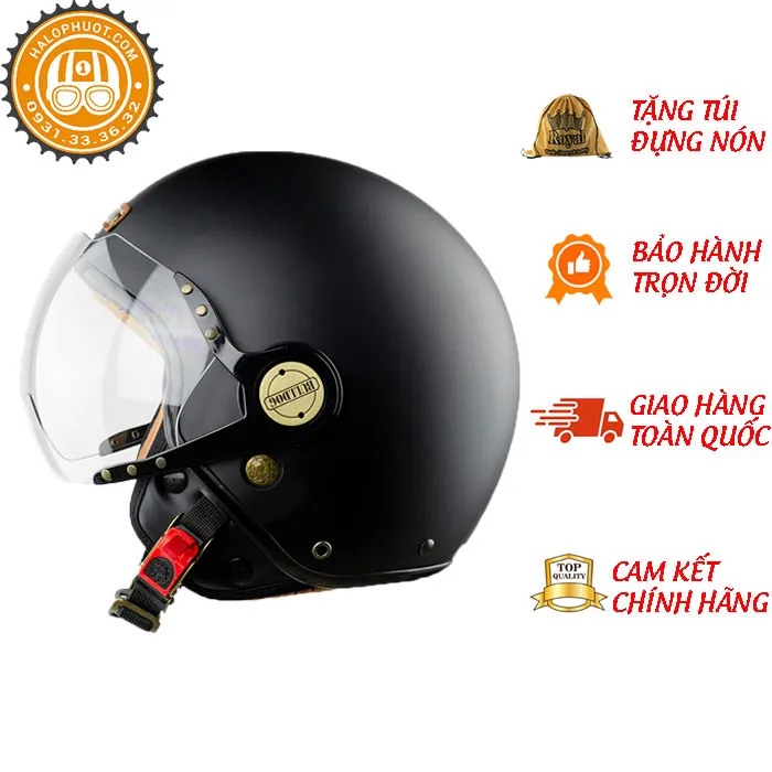 Mũ bảo hiểm 3/4 Bulldog POM Đen Nhám (Tặng khóa số)