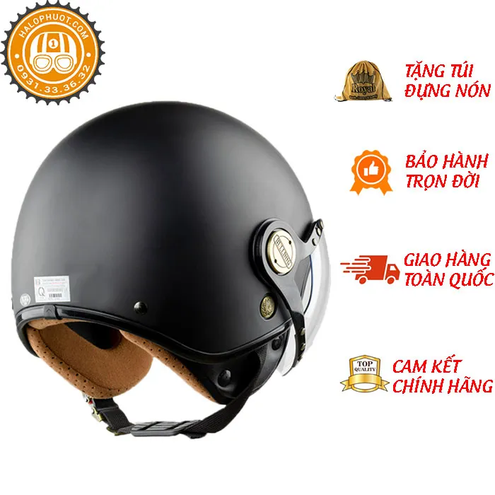 Mũ bảo hiểm 3/4 Bulldog POM Đen Nhám (Tặng khóa số)