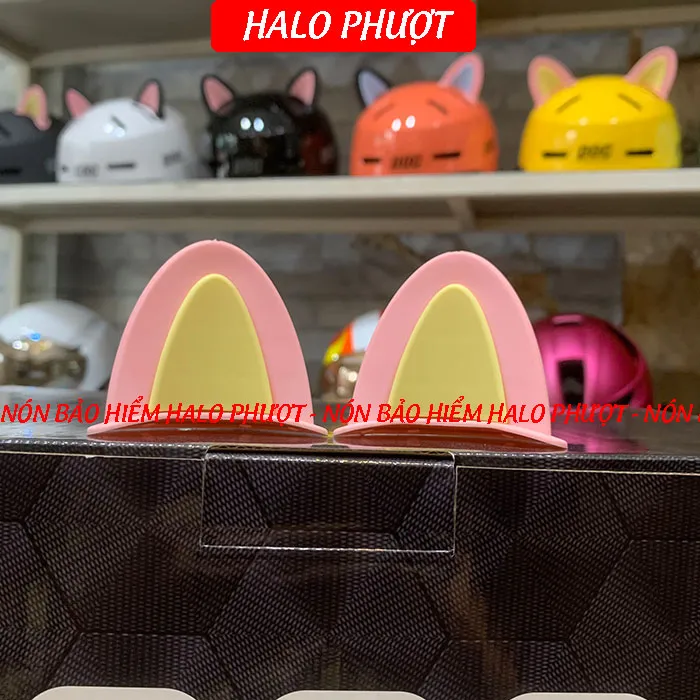 Tai Mèo 2 có đế màu gắn nón bảo hiểm - Hồng Vàng