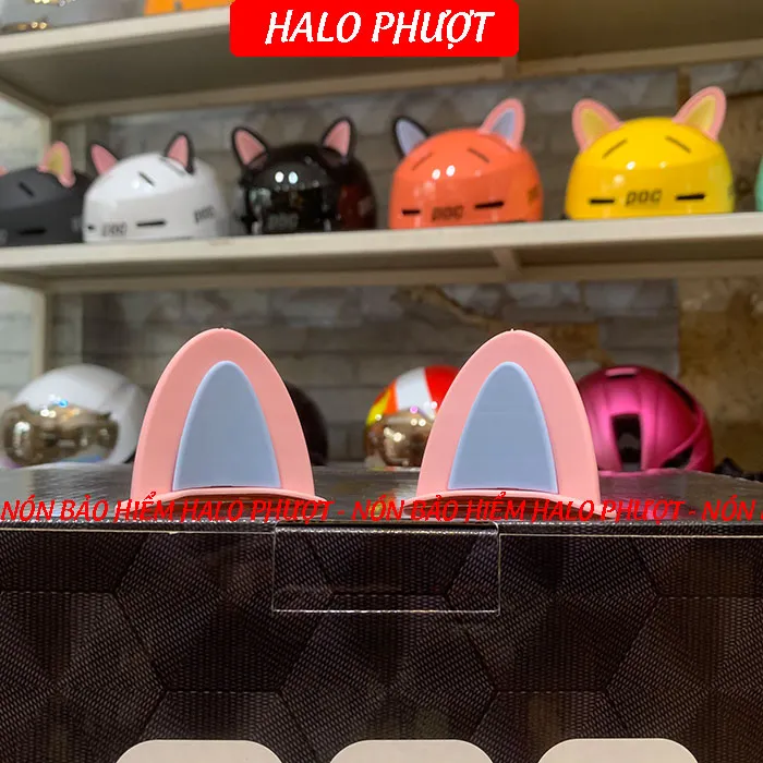 Tai Mèo 2 có đế màu gắn nón bảo hiểm - Hồng Xanh