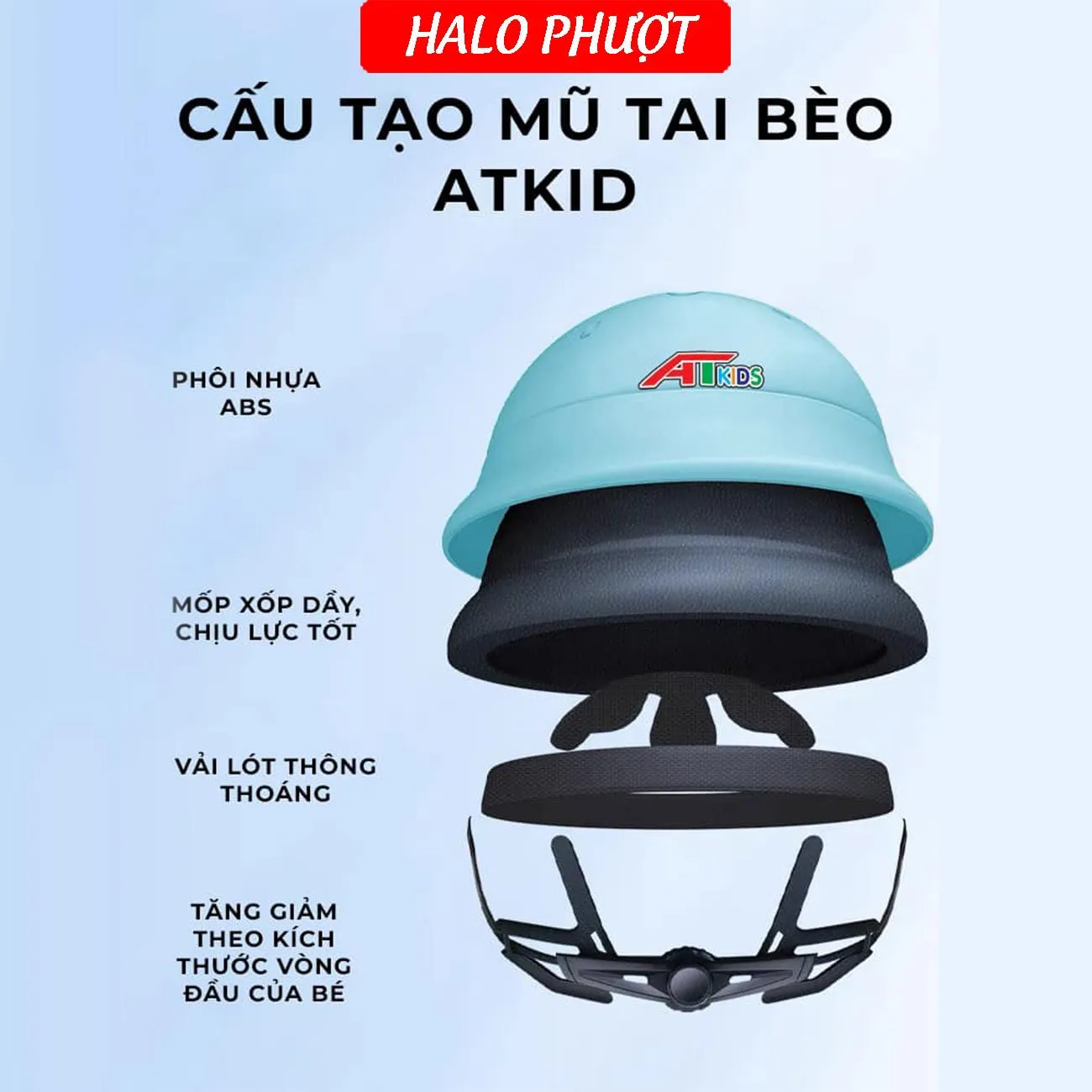 (Full phụ kiện) Mũ Bảo Hiểm Em Bé Tai Bèo Trơn Bóng AT Chính Hãng Hồng Bóng