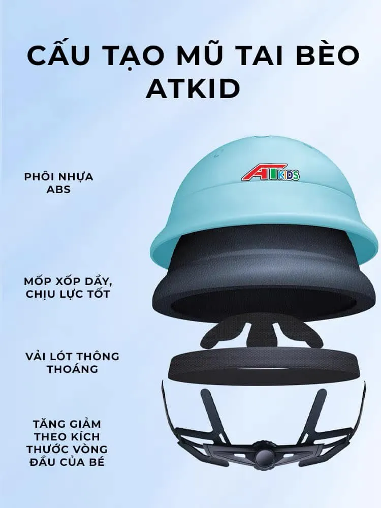 (Full phụ kiện) Mũ Bảo Hiểm Em Bé Tai Bèo Trơn Bóng AT Chính Hãng Xanh Dương